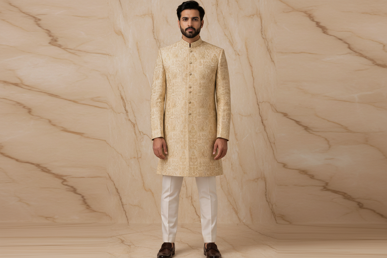 Off-White Jamawar Prince Coat with Champagne Gold Embroidery for Men | Wedding & Formal Wear | Attire By ABD