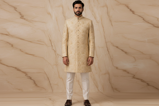 Off-White Jamawar Prince Coat with Champagne Gold Embroidery for Men | Wedding & Formal Wear | Attire By ABD