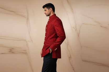 Rich Wine Red Embroidered Brocade Prince Coat for Men | Wedding & Formal Wear | Attire By ABD
