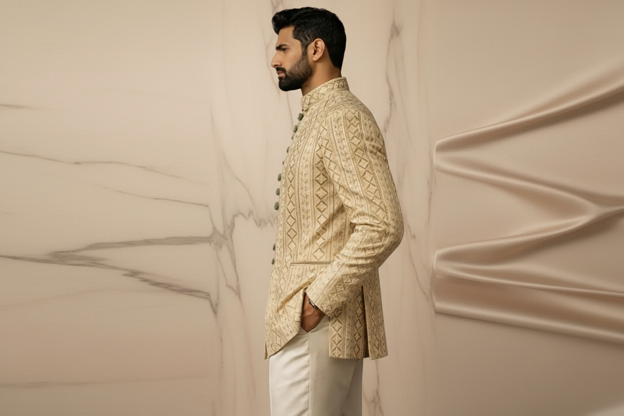 Ivory Gold Jacquard Silk Blend Prince Coat for Men – Luxury Wedding & Formal Wear – Attire By ABD