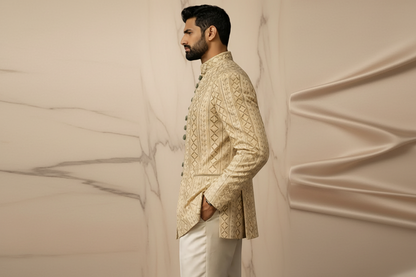 Ivory Gold Jacquard Silk Blend Prince Coat for Men – Luxury Wedding & Formal Wear – Attire By ABD