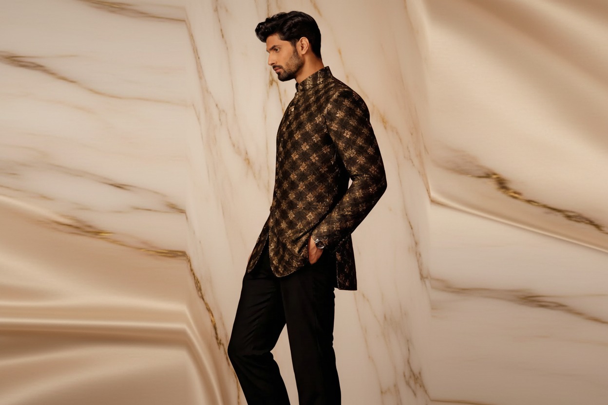 Black & Gold Embroidered Jamawar Prince Coat for Men – Premium Wedding & Formal Wear | Attire By ABD
