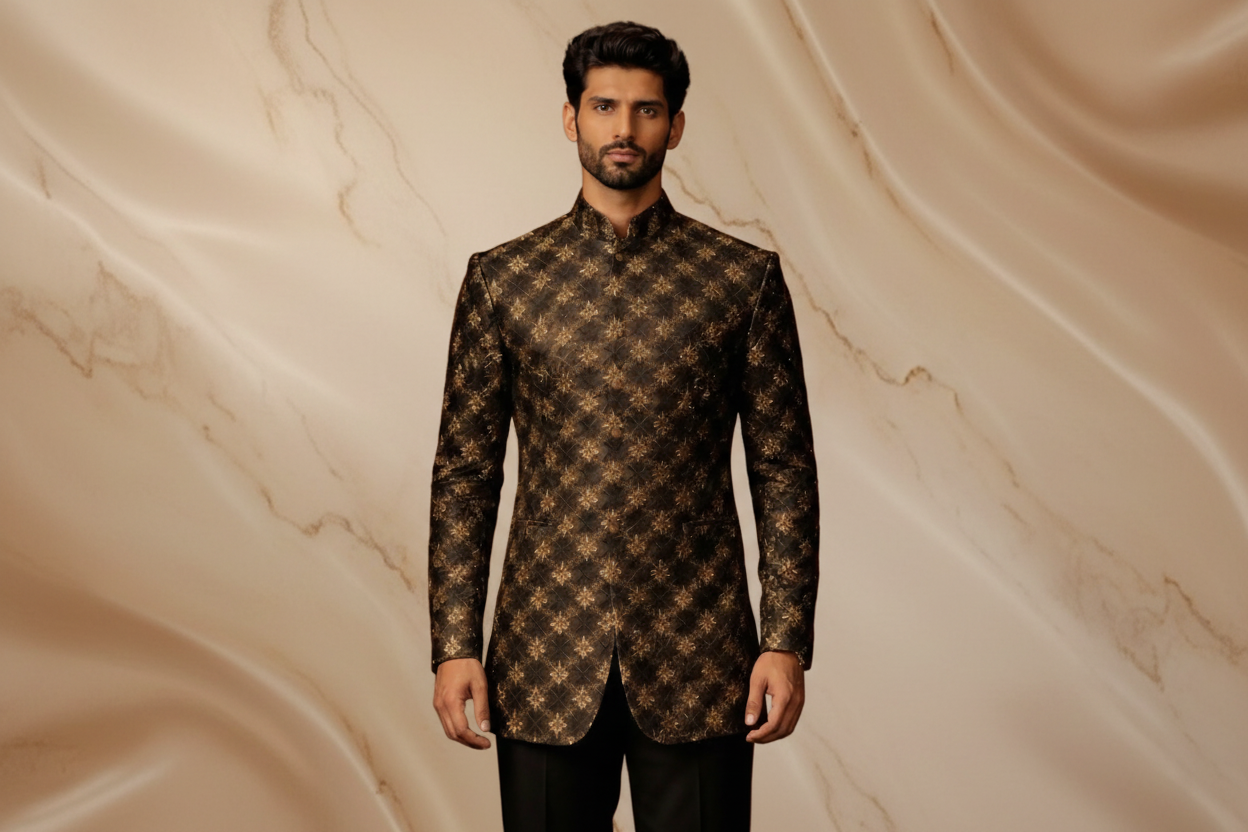 Black & Gold Embroidered Jamawar Prince Coat for Men – Premium Wedding & Formal Wear | Attire By ABD