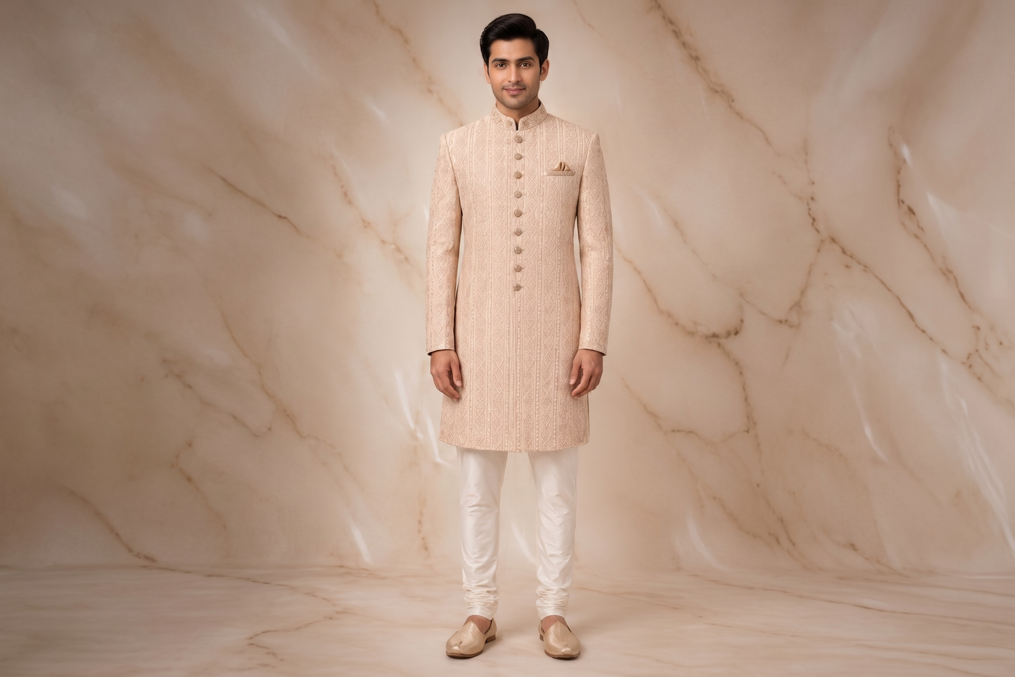 Ivory Gold Textured Jacquard Prince Coat for Men – Luxury Wedding Wear | Attire By ABD