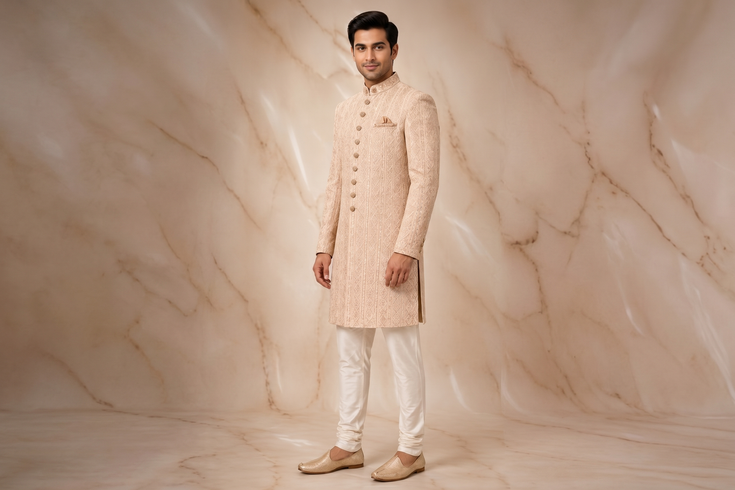 Ivory Gold Textured Jacquard Prince Coat for Men – Luxury Wedding Wear | Attire By ABD
