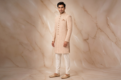 Ivory Gold Textured Jacquard Prince Coat for Men – Luxury Wedding Wear | Attire By ABD