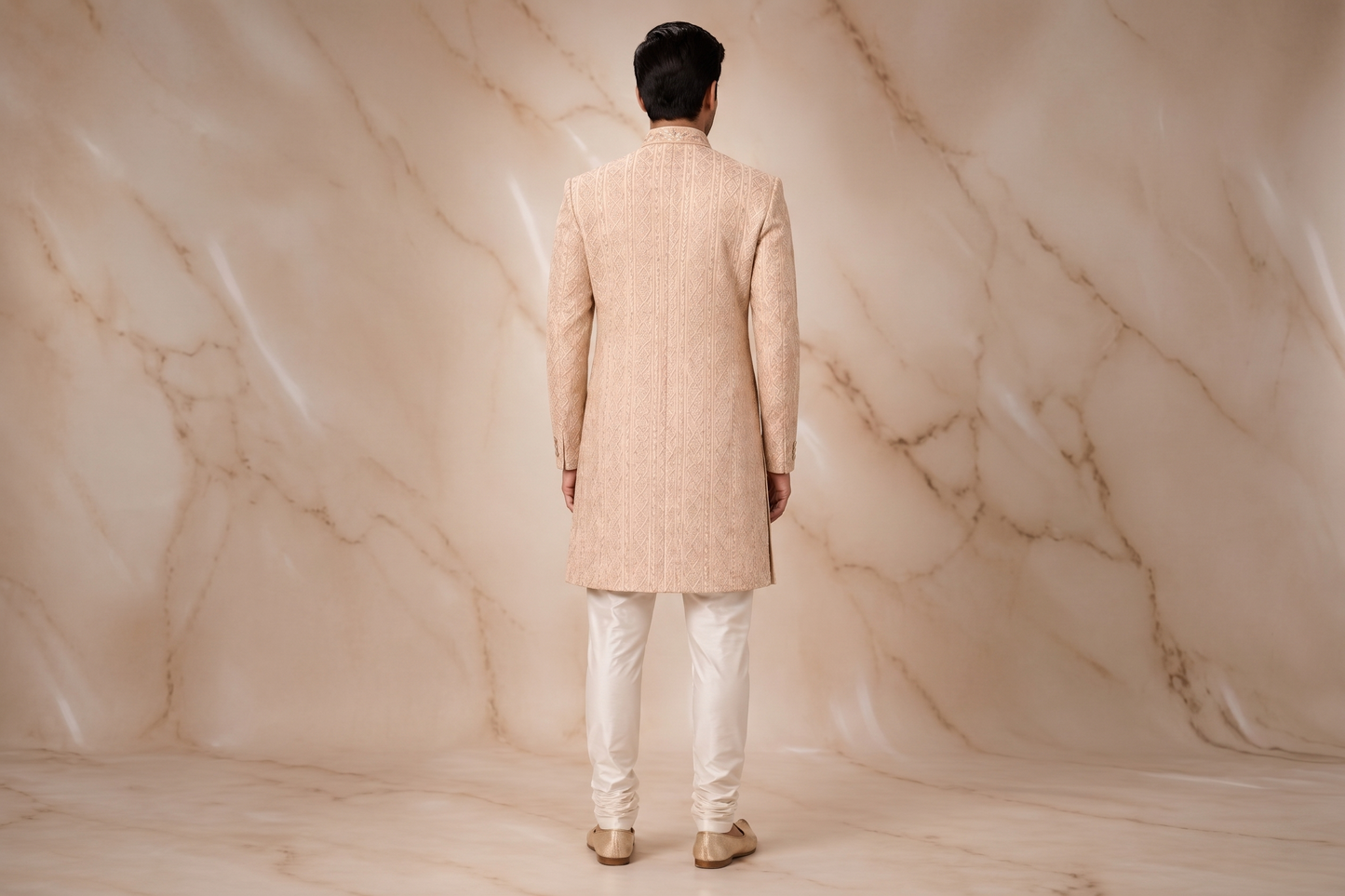 Ivory Gold Textured Jacquard Prince Coat for Men – Luxury Wedding Wear | Attire By ABD