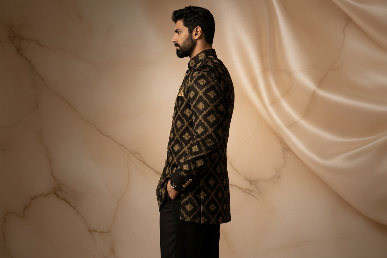 Black Jamawar Prince Coat with Antique Gold Embroidery  Men | Wedding & Formal Wear | Attire By ABD