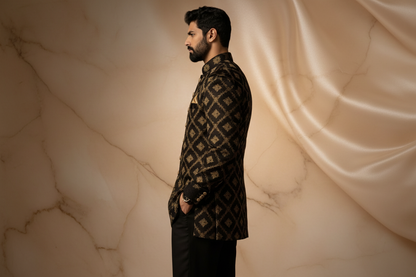 Black Jamawar Prince Coat with Antique Gold Embroidery  Men | Wedding & Formal Wear | Attire By ABD