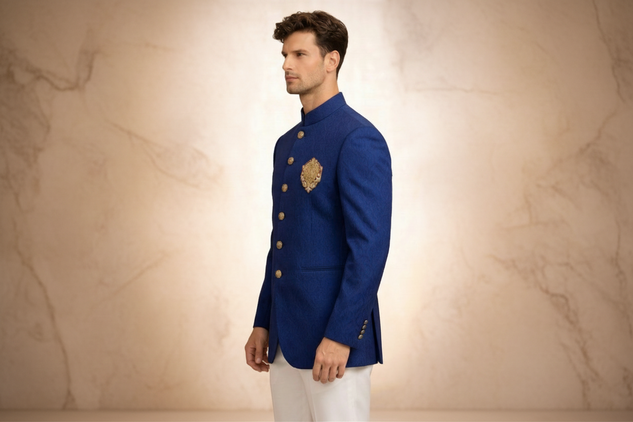 Light Blue Hand Embroidered Jamawar Prince Coat for Men | Wedding Wear | Attire By ABD