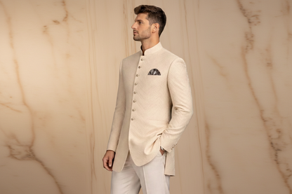 Ivory / Off-White Jamawar Prince Coat with Silver Embroidery for Men | Wedding & Formal Wear | Attire By ABD