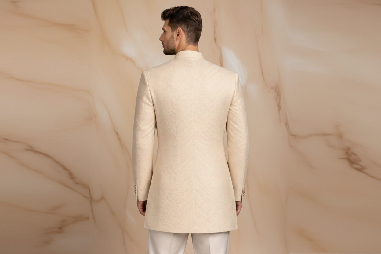 Ivory / Off-White Jamawar Prince Coat with Silver Embroidery for Men | Wedding & Formal Wear | Attire By ABD