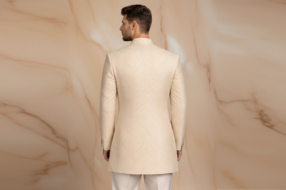 Ivory / Off-White Jamawar Prince Coat with Silver Embroidery for Men | Wedding & Formal Wear | Attire By ABD