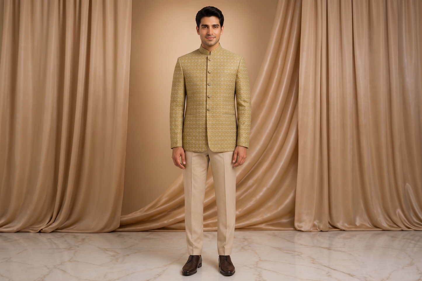 Light Mehndi Jamawar Silk Prince Coat for Men | Embroidered Wedding Wear | Attire By ABD