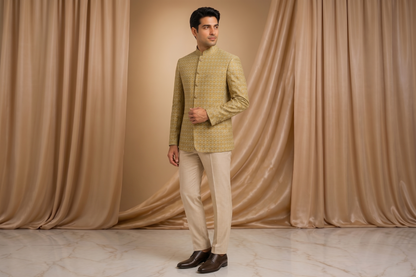 Light Mehndi Jamawar Silk Prince Coat for Men | Embroidered Wedding Wear | Attire By ABD