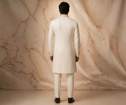 Off White Textured Jacquard Prince Coat for Men – Premium Wedding & Formal | Attire By ABD