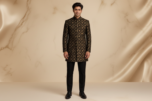 Black & Gold Embroidered Jamawar Prince Coat for Men – Premium Wedding & Formal Wear | Attire By ABD