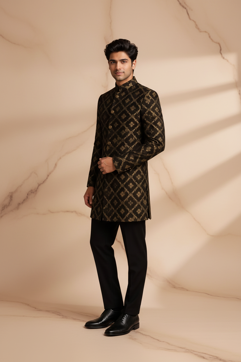 Black & Gold Embroidered Jamawar Prince Coat for Men – Premium Wedding & Formal Wear | Attire By ABD