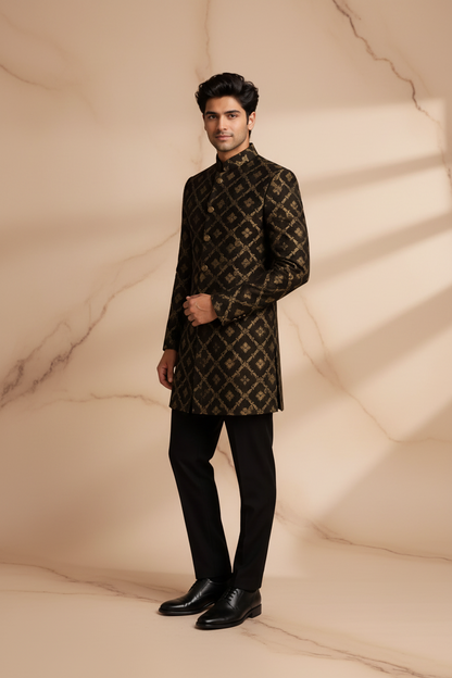 Black & Gold Embroidered Jamawar Prince Coat for Men – Premium Wedding & Formal Wear | Attire By ABD