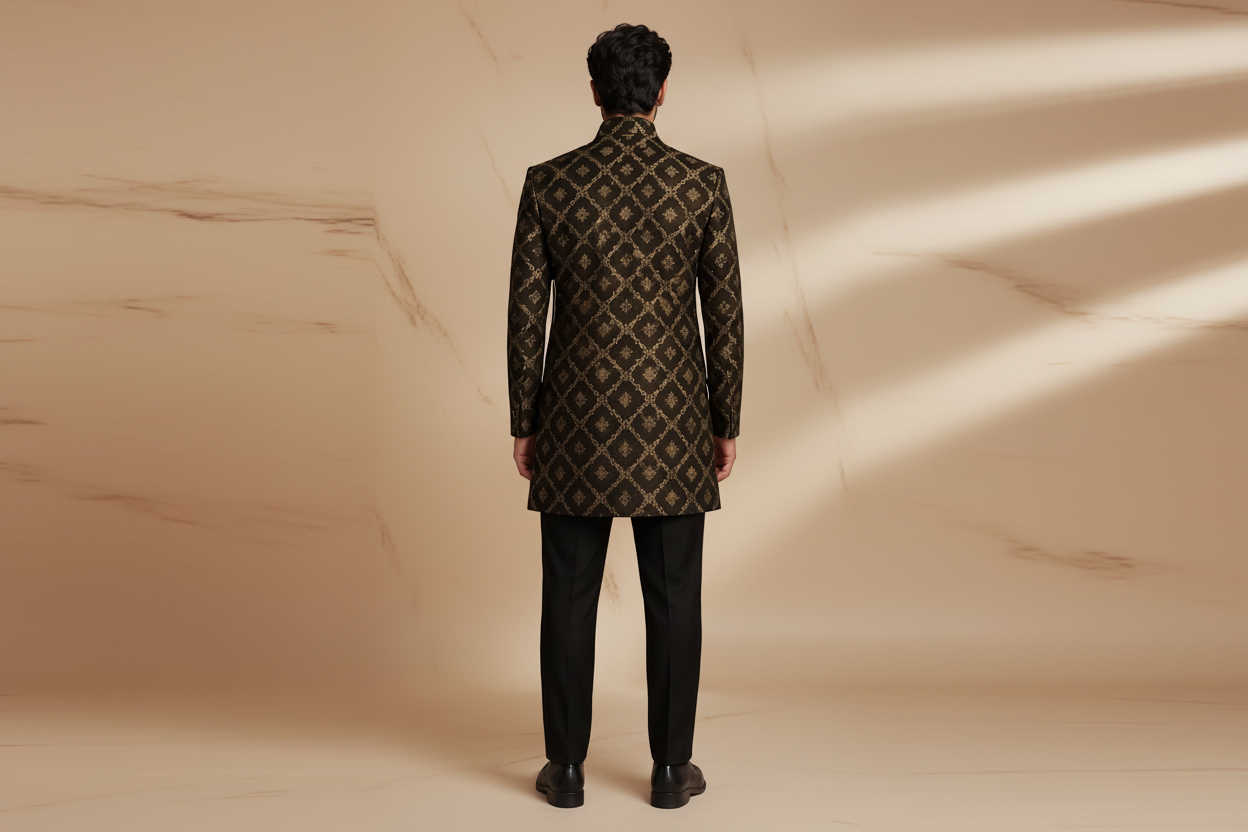 Black & Gold Embroidered Jamawar Prince Coat for Men – Premium Wedding & Formal Wear | Attire By ABD