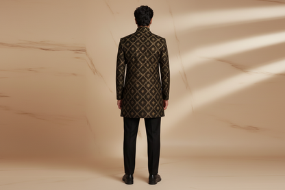 Black & Gold Embroidered Jamawar Prince Coat for Men – Premium Wedding & Formal Wear | Attire By ABD