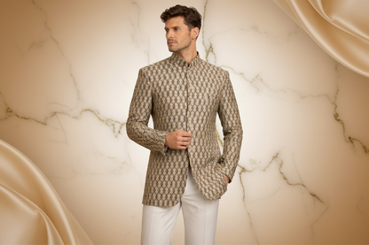 Black Antique Gold Brocade Silk Prince Coat for Men | Skin Embroidery Wedding Wear | Attire By ABD