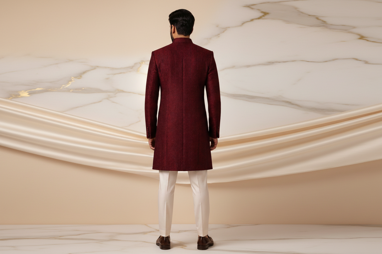 9mm Maroon Embroidered Jamawar Prince Coat for Men | Wedding & Formal Wear | Attire By ABD