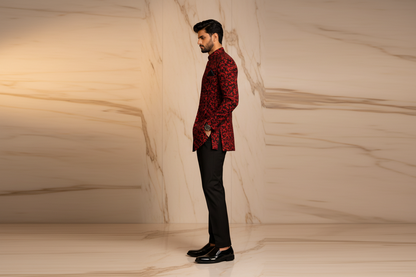 Red & Black Velvet Brocade Prince Coat for Men – Premium Wedding & Formal Wear | Attire By ABD