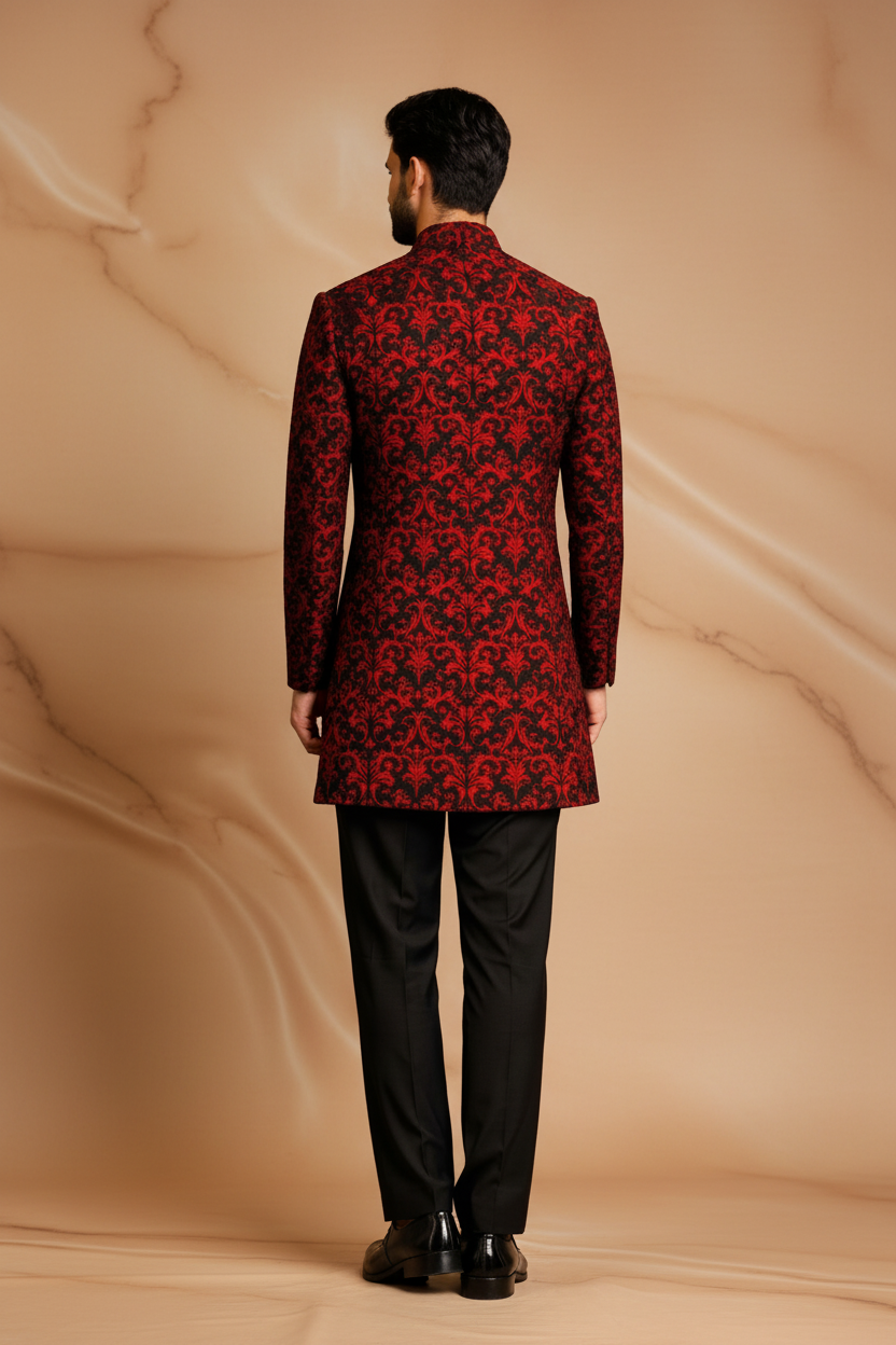 Red & Black Velvet Brocade Prince Coat for Men – Premium Wedding & Formal Wear | Attire By ABD