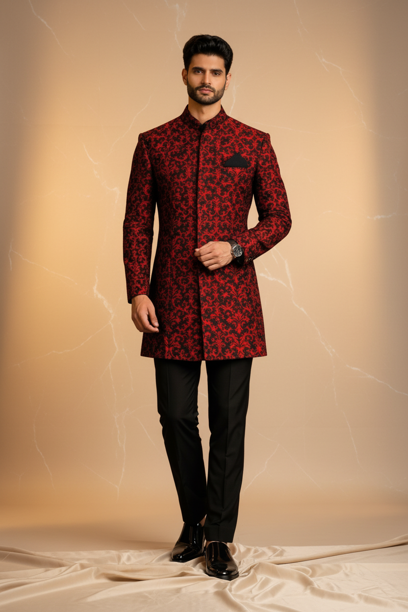 Red & Black Velvet Brocade Prince Coat for Men – Premium Wedding & Formal Wear | Attire By ABD