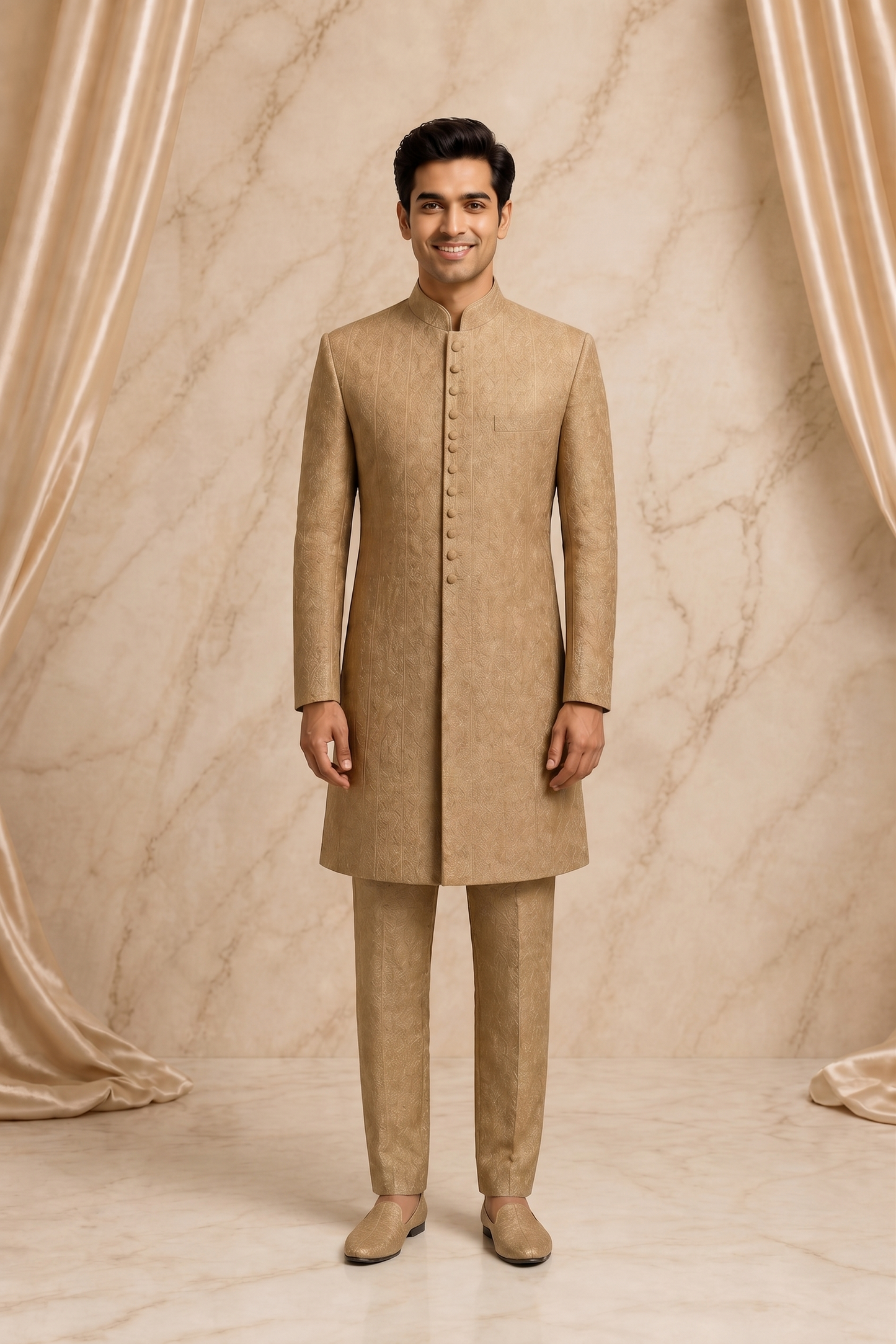 Gown & Gold Jamawar Embroidered Prince Coat for Men | Luxury Wedding & Formal Wear | Attire By ABD