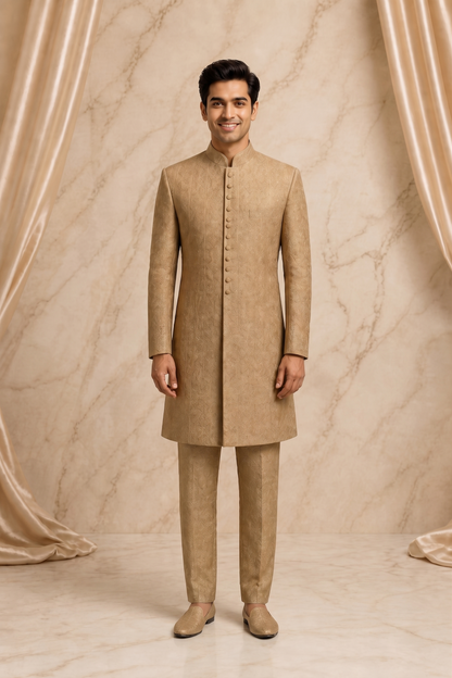 Gown & Gold Jamawar Embroidered Prince Coat for Men | Luxury Wedding & Formal Wear | Attire By ABD