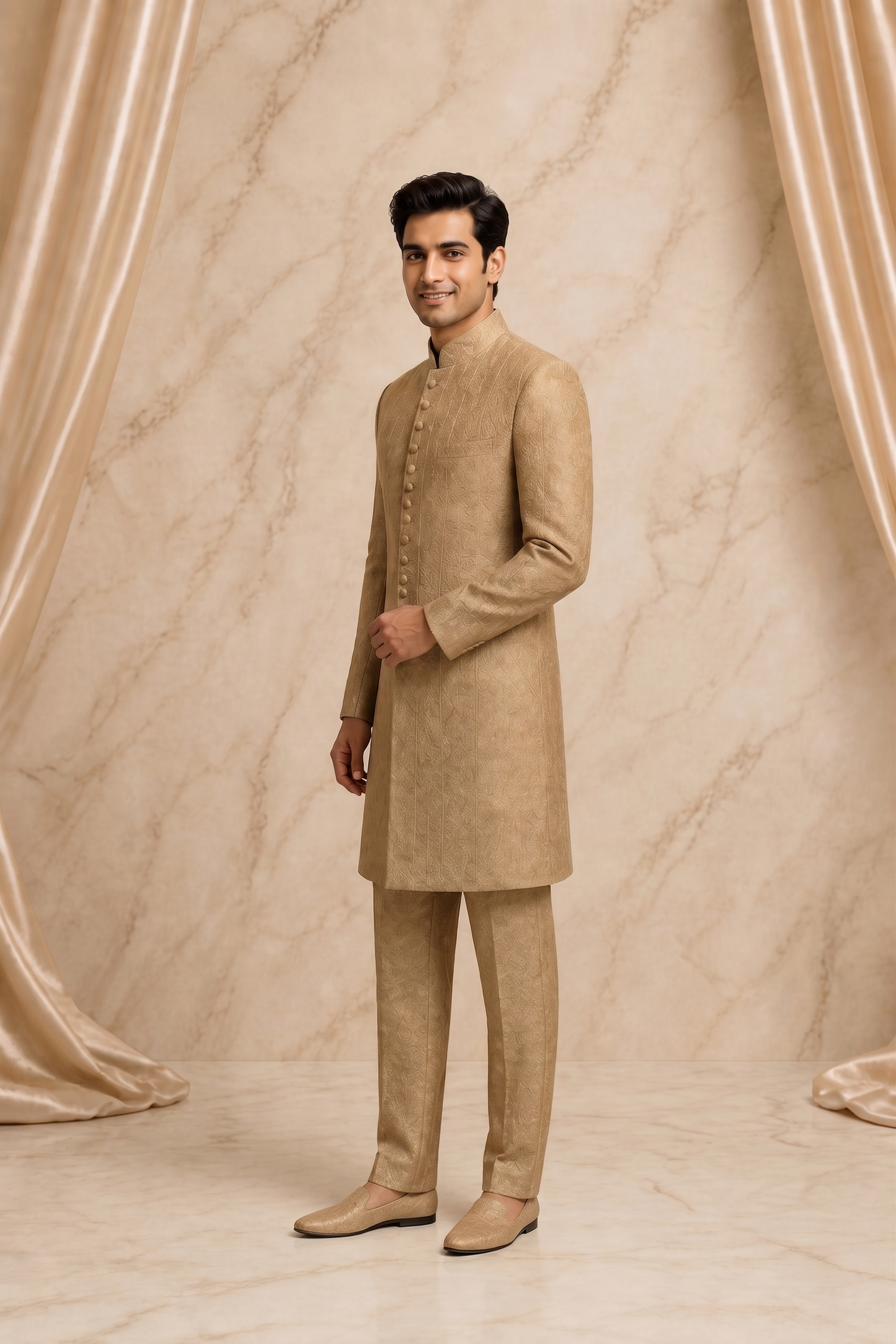 Gown & Gold Jamawar Embroidered Prince Coat for Men | Luxury Wedding & Formal Wear | Attire By ABD