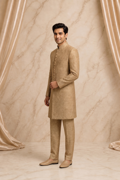 Gown & Gold Jamawar Embroidered Prince Coat for Men | Luxury Wedding & Formal Wear | Attire By ABD
