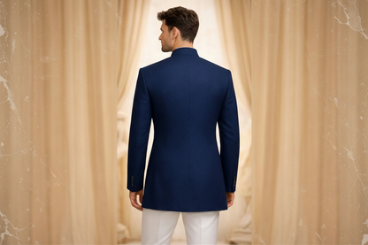 Deep Navy Blue Jamawar Prince Coat for Men | Luxury Wedding & Formal Wear | Attire By ABD