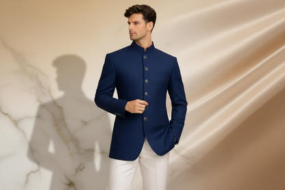 Deep Navy Blue Jamawar Prince Coat for Men | Luxury Wedding & Formal Wear | Attire By ABD