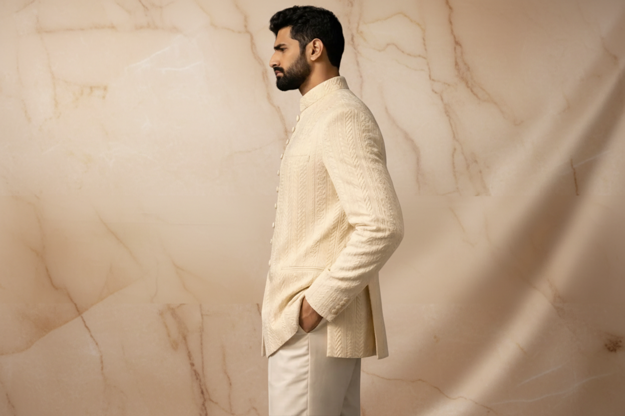 Off-White & Cream Brocade Jacquard Prince Coat for Men | Wedding & Formal Wear | Attire By ABD