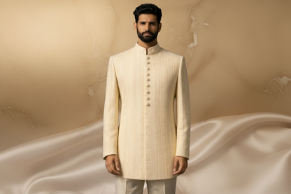 Off-White & Cream Brocade Jacquard Prince Coat for Men | Wedding & Formal Wear | Attire By ABD