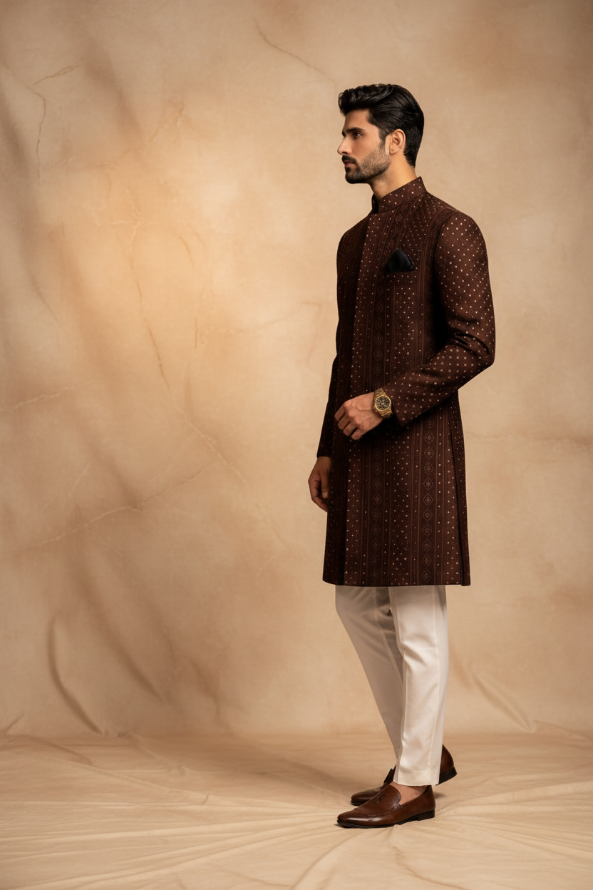 Dark Maroon/Brown Silk Brocade Prince Coat for Men – Premium Wedding & Formal Wear | Attire By ABD
