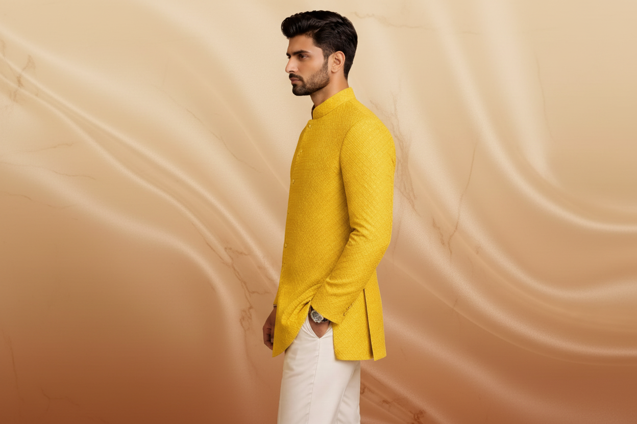 Yellow Textured Jacquard Fabric Prince Coat for Men – Premium Formal Wear | Attire By ABD