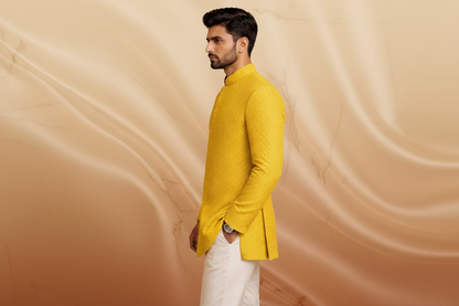 Yellow Textured Jacquard Fabric Prince Coat for Men – Premium Formal Wear | Attire By ABD