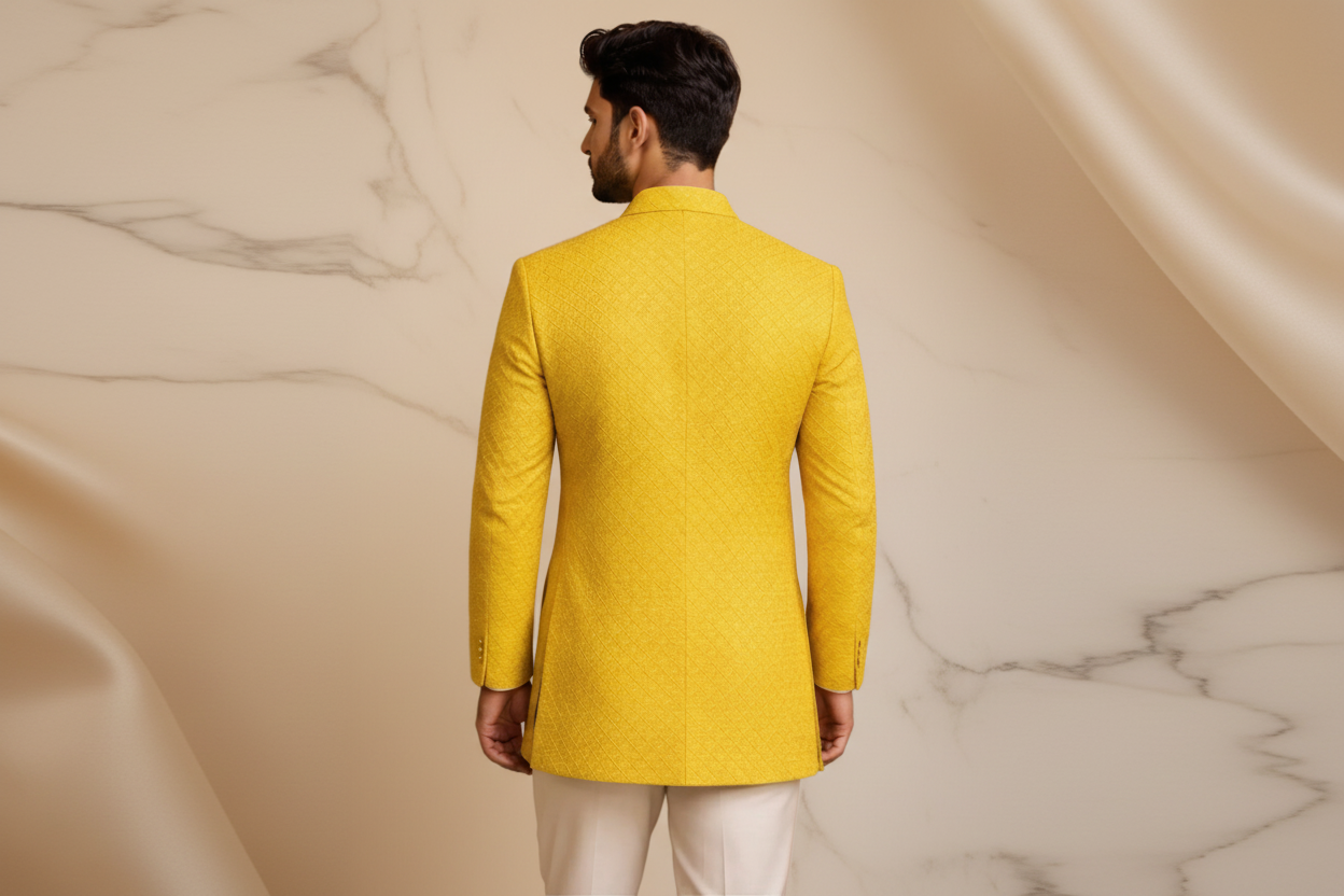 Yellow Textured Jacquard Fabric Prince Coat for Men – Premium Formal Wear | Attire By ABD
