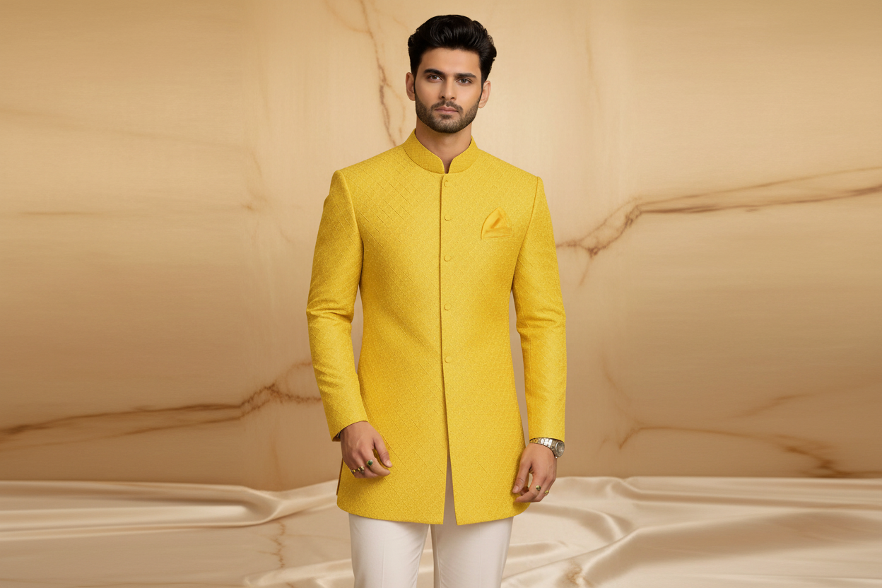 Yellow Textured Jacquard Fabric Prince Coat for Men – Premium Formal Wear | Attire By ABD