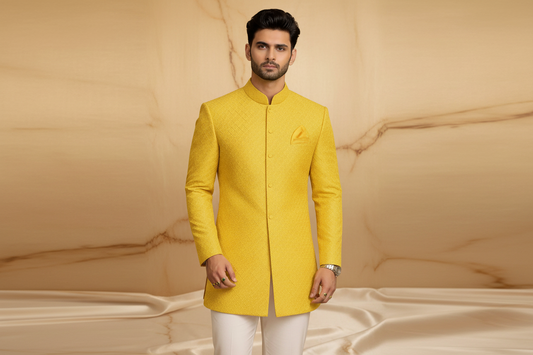 Yellow Textured Jacquard Fabric Prince Coat for Men – Premium Formal Wear | Attire By ABD