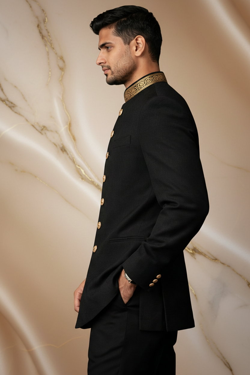 Black Hand Embroidered Jamawar Prince Coat for Men | Luxury Wedding Wear | Attire By ABD