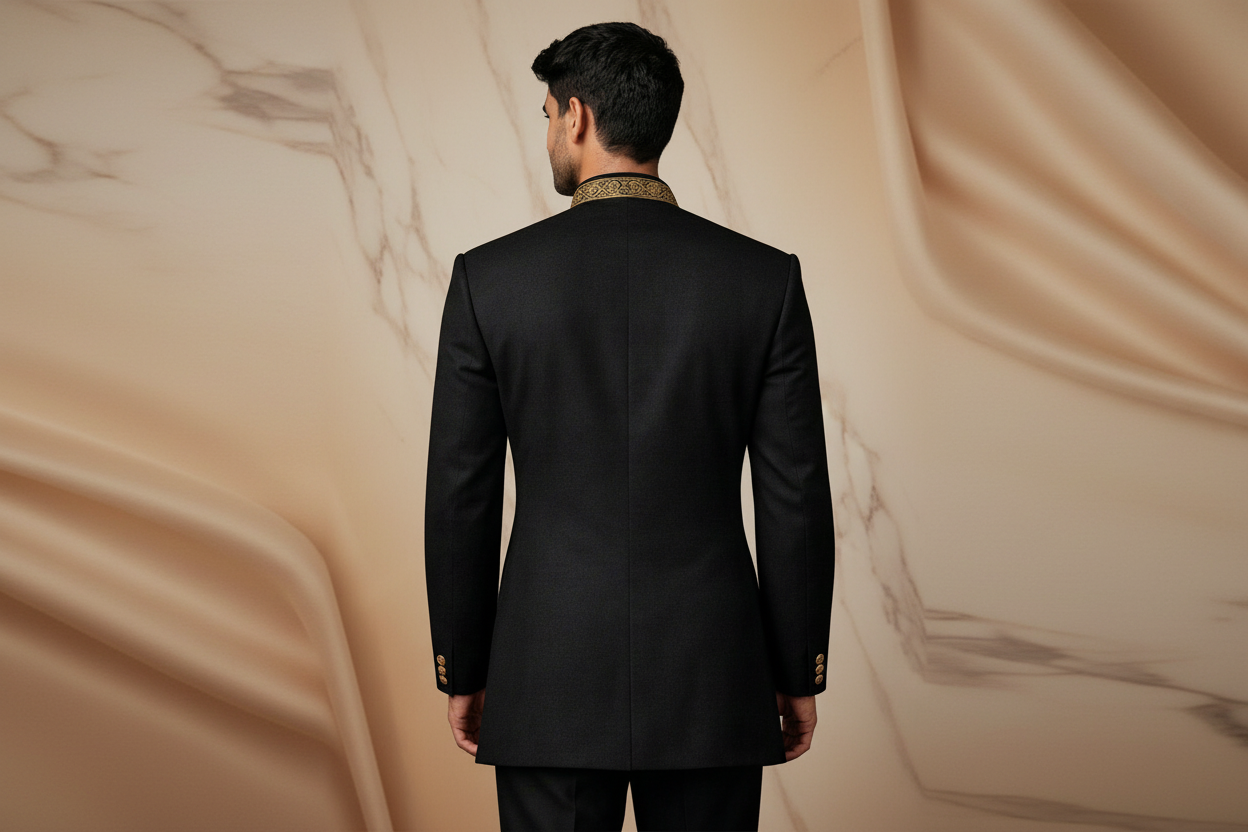 Black Hand Embroidered Jamawar Prince Coat for Men | Luxury Wedding Wear | Attire By ABD
