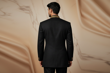 Black Hand Embroidered Jamawar Prince Coat for Men | Luxury Wedding Wear | Attire By ABD