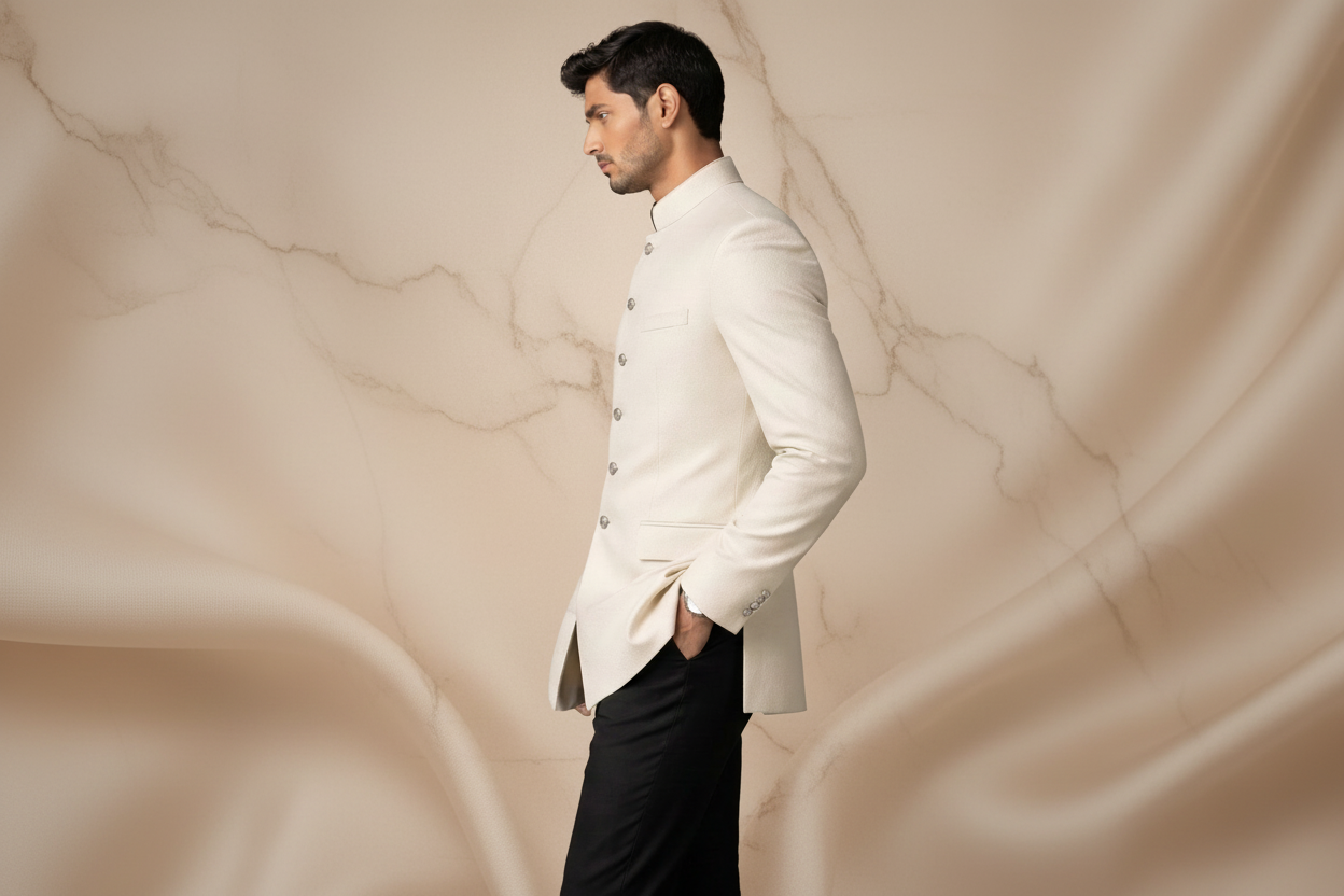 White Boski Jamawar Prince Coat for Men | Luxury Wedding & Formal Wear | Attire By ABD