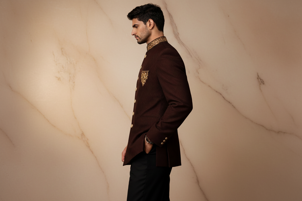 Dark Maroon Hand-Embroidered Jamawar Prince Coat for Men – Elegant Wedding & Formal Wear | Attire By ABD