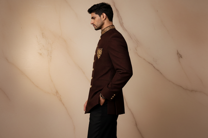 Dark Maroon Hand-Embroidered Jamawar Prince Coat for Men – Elegant Wedding & Formal Wear | Attire By ABD